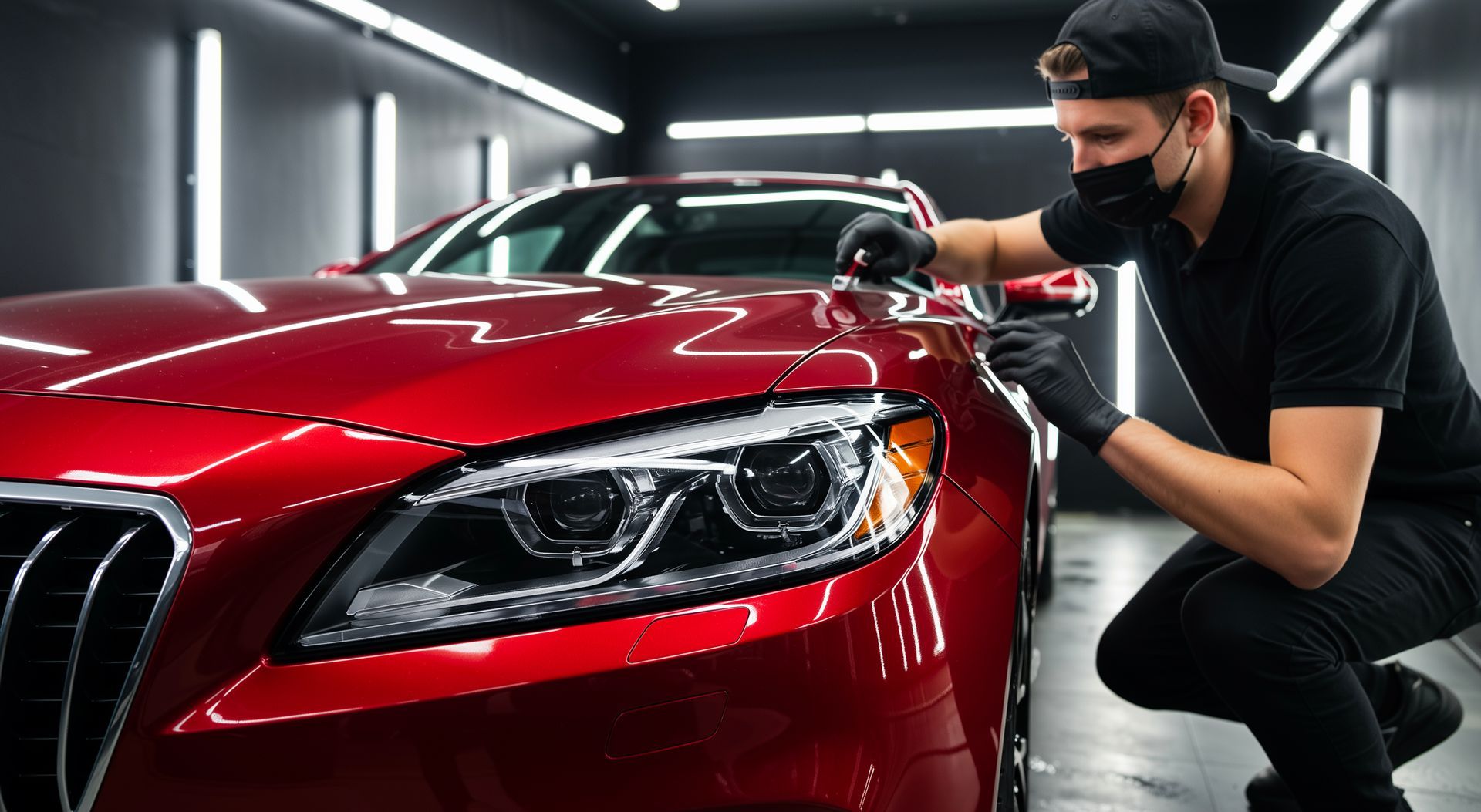 Man in mask, gloves, and cap detailing a red car in a garage.