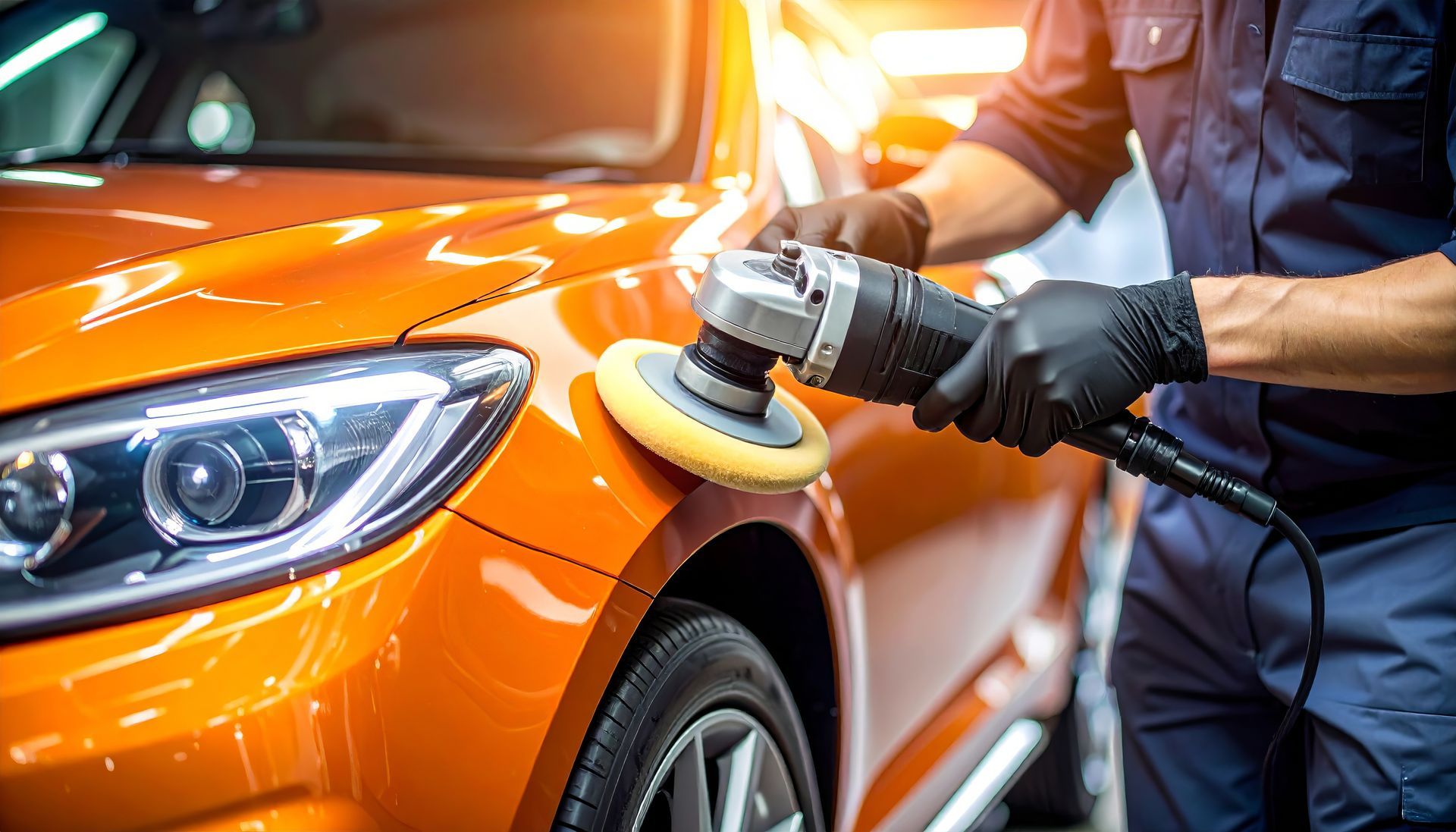 Person polishing an orange car with a power buffer.