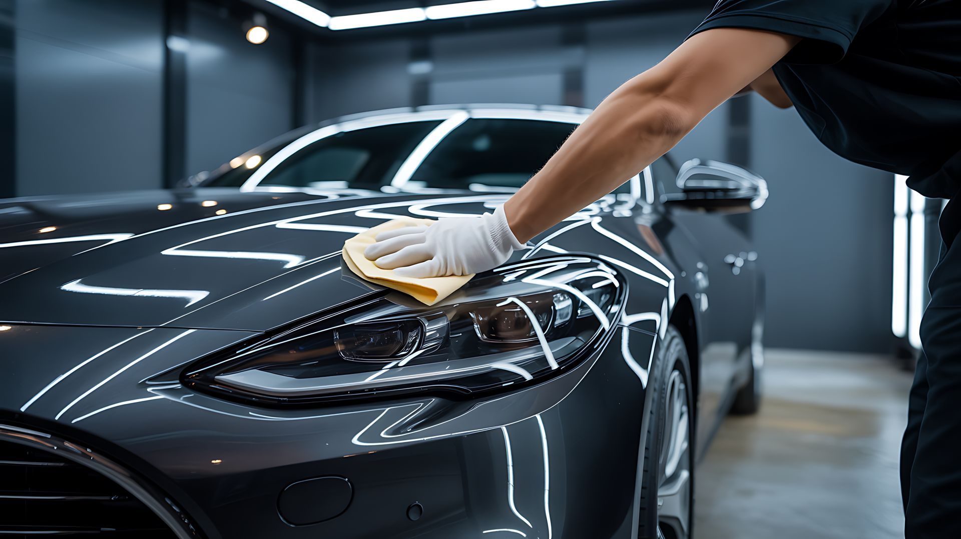 Person wearing gloves polishing a dark gray car with a yellow cloth inside a well-lit garage.