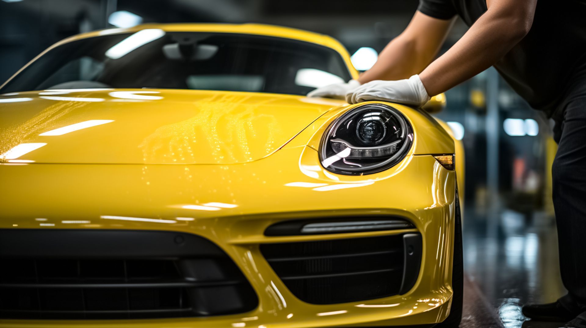 Yellow Porsche being polished; person wearing gloves, indoor setting.