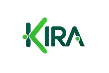 El logotipo de KIRA, en verde oscuro y verde lima, presenta una letra K estilizada y dos pequeños puntos.