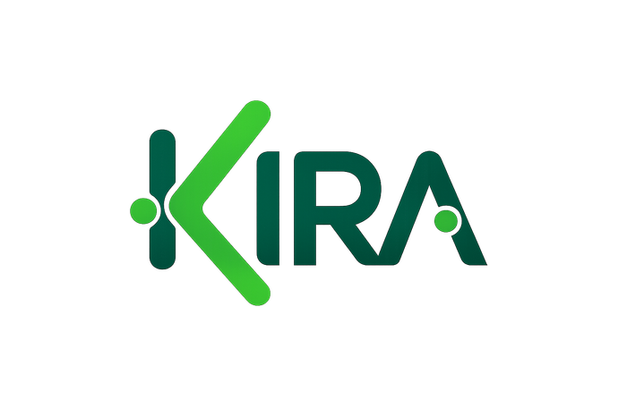 El logotipo de KIRA, en verde oscuro y verde lima, presenta una letra K estilizada y dos pequeños puntos.