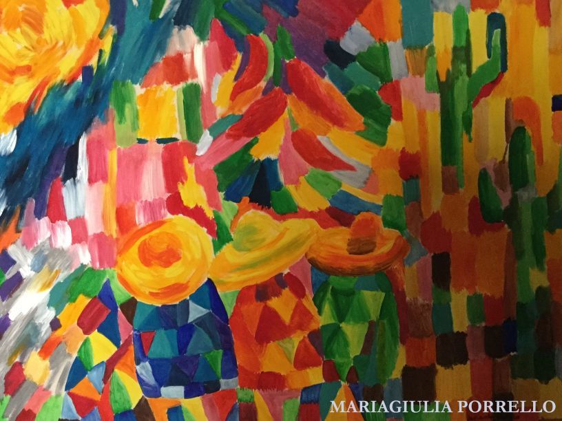 Dipinto astratto colorato raffigurante tre figure con sombrero, probabilmente in Messico.