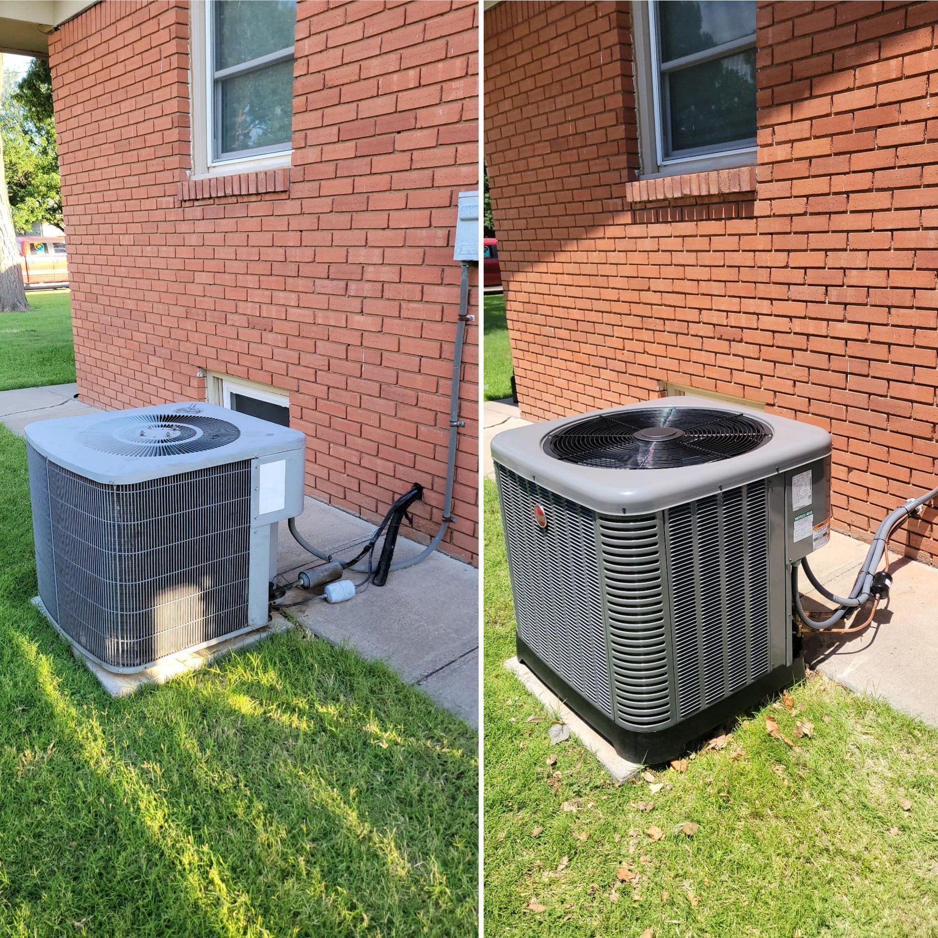 Side-by-side comparison: old and new air conditioning units next to a brick house, both on a concrete pad in a grassy yard.