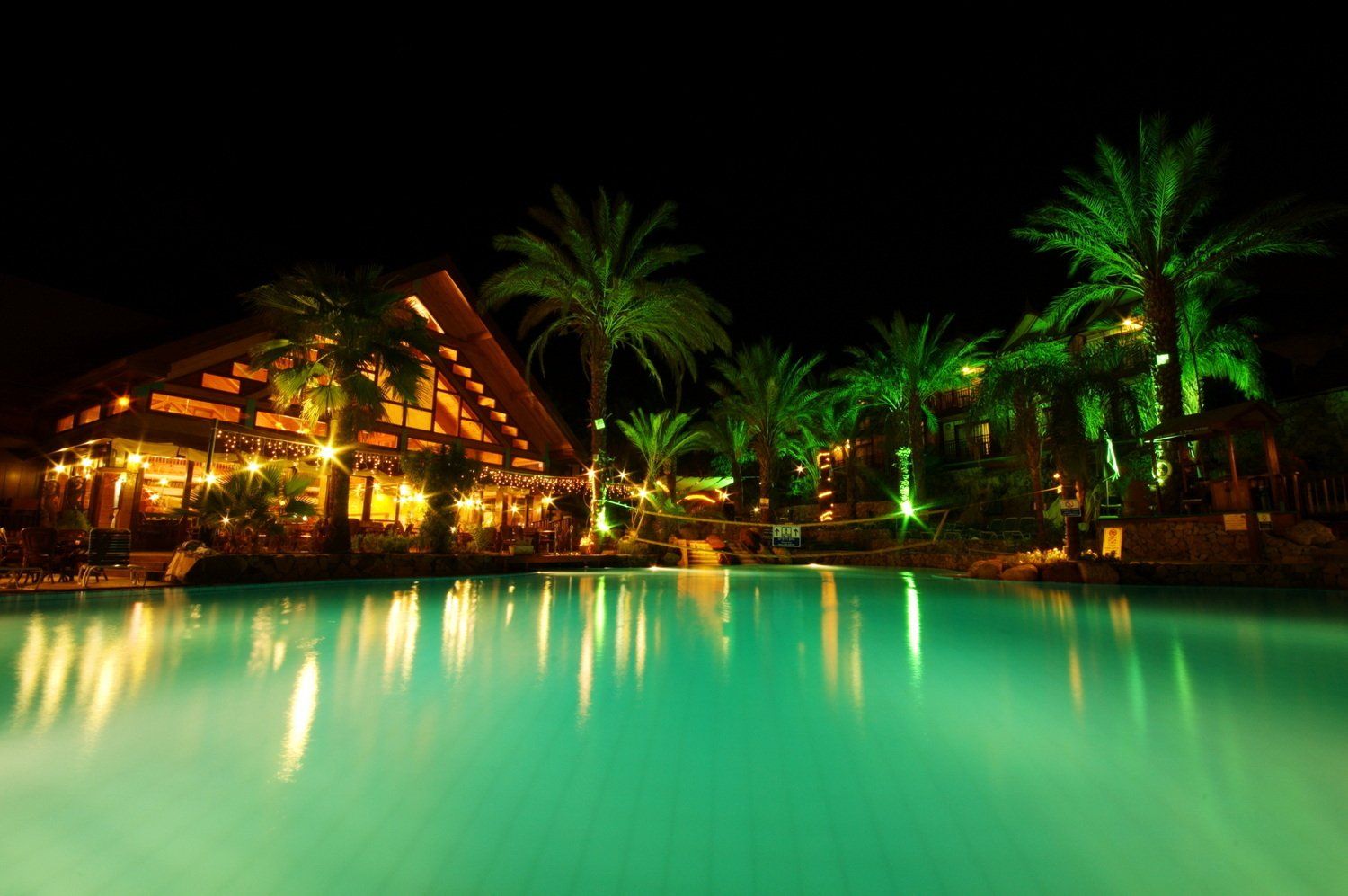 בריכה בלילה המשקפת את אורות אתר נופש טרופי, עצי דקל.