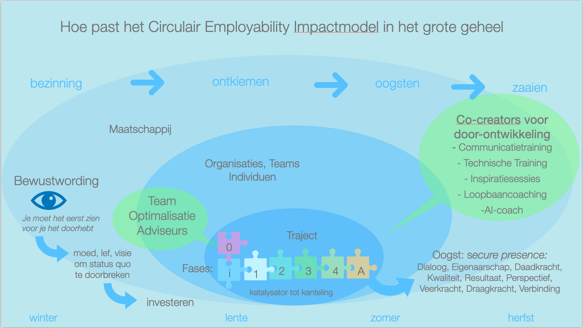 Diagram dat de circulaire economie illustreert met de stappen: begin, klant, organisatie, proces. Het centrale gedeelte toont de verschillende soorten waarde.