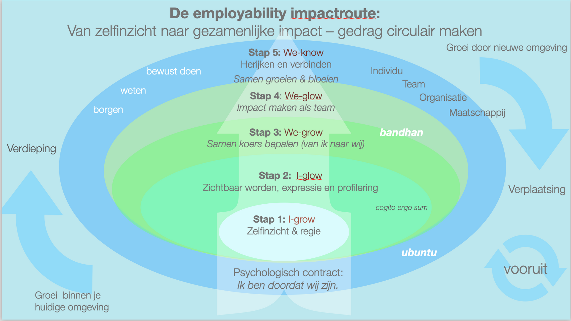 Diagram: Structuur die de impact op de inzetbaarheid weergeeft, met concentrische cirkels die vaardigheden en processen symboliseren. De pijlen duiden een cyclische stroom aan.
