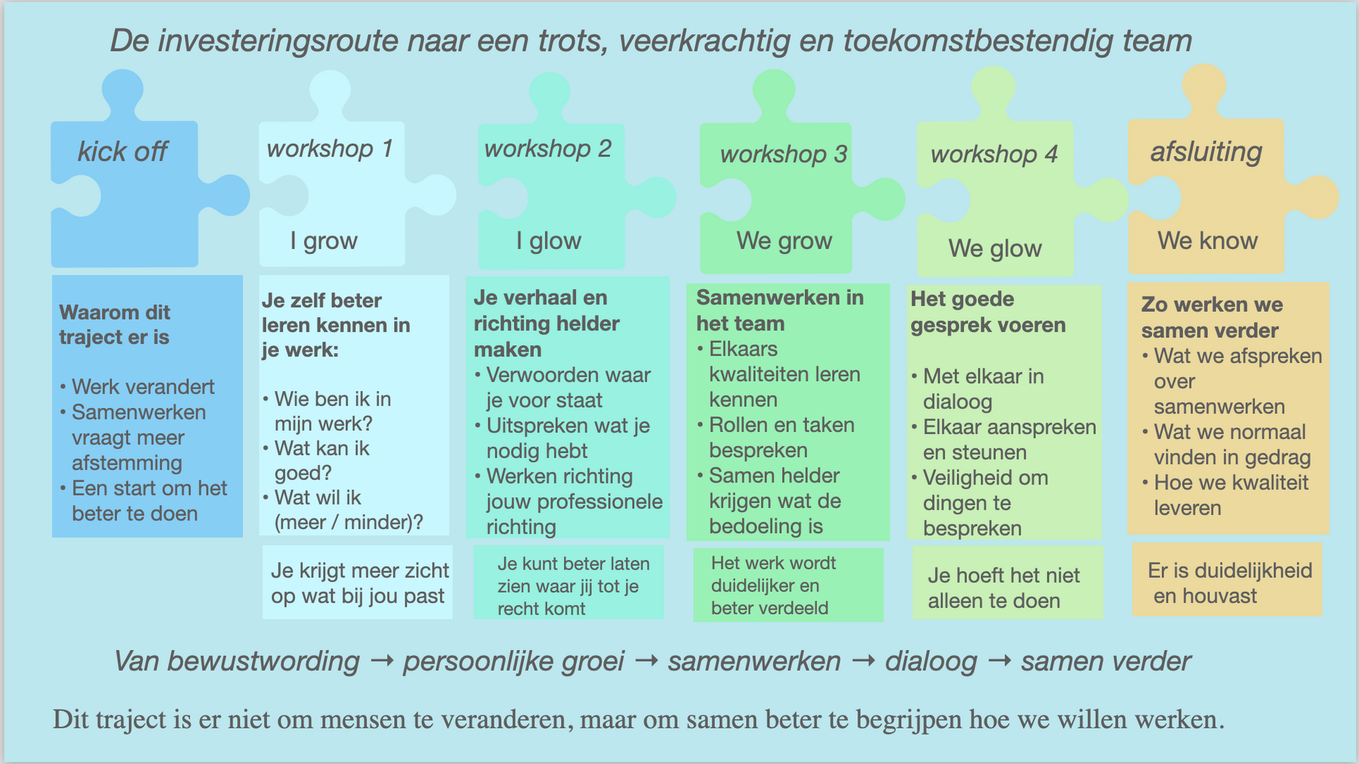 Puzzelstukjes in verschillende kleuren, die de stappen weergeven naar een veilige, betrouwbare en duurzame IT-omgeving.