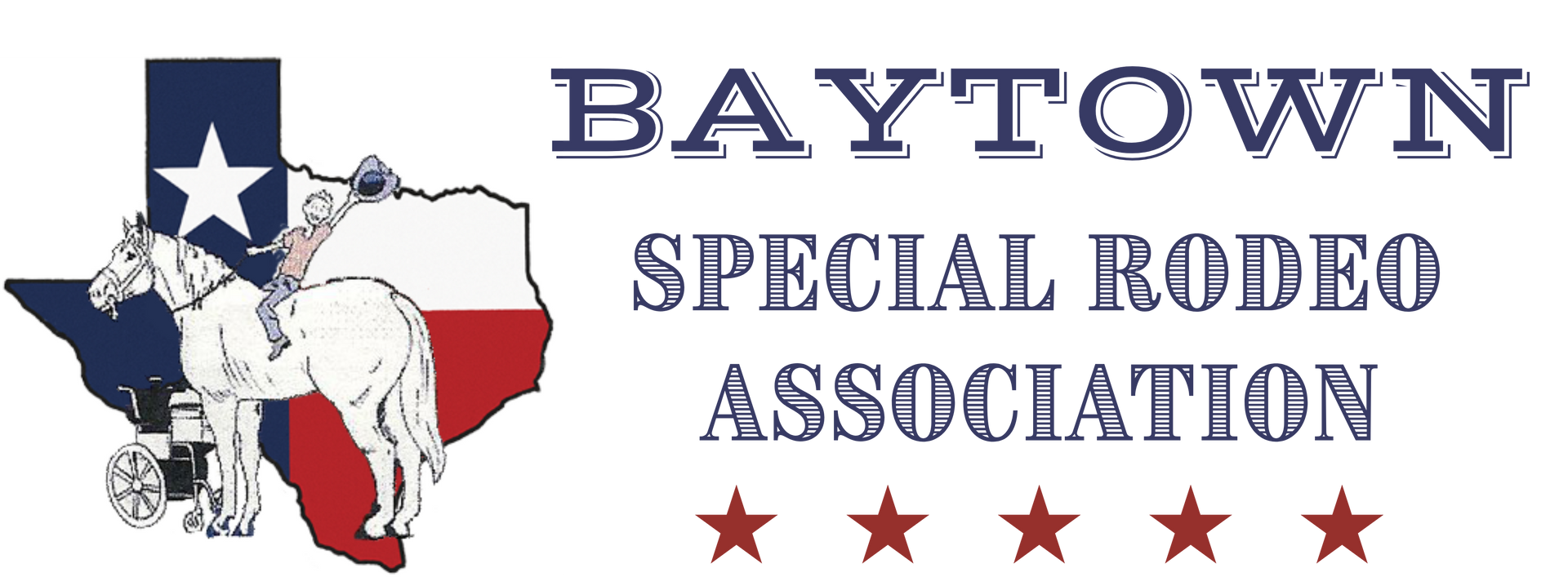 Baytown Special Rodeo Association logo with Texas outline, cowboy figure, and red stars