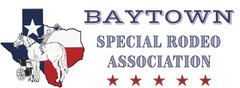 Baytown Special Rodeo Association logo with Texas outline, cowboy figure, and red stars