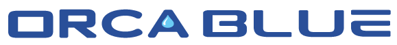 ORCA BLUE logo in blue text with a horizontal striped blue and gray icon above it