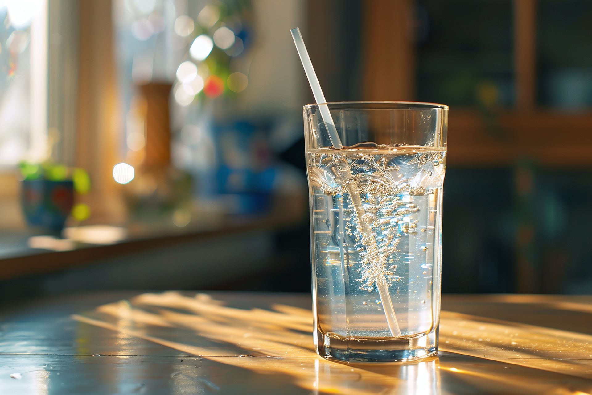 A clear glass of sparkling water with a straw sits on a wooden surface in warm, golden indoor lighting.