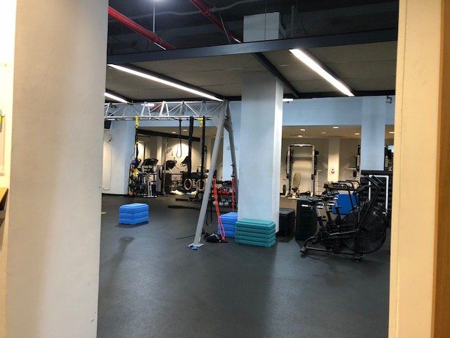 Functional training space with balance pads, weights, and strength machines at the Park Avenue clinic.
