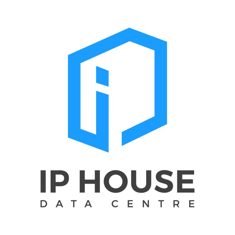 A blue and black logo for ip house data centre.