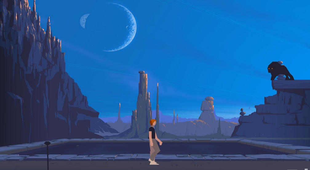 A screenshot from the indie video game Another World. A man is walking across an alien landscape.