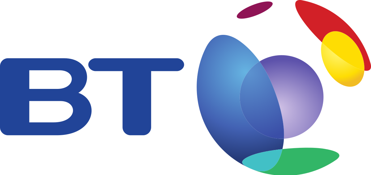 BT logo with blue letters and a multi-colored sphere.