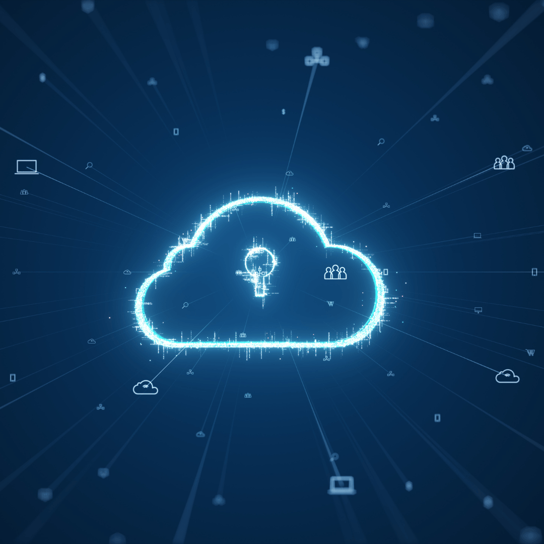 A cloud with a key in it is surrounded by glowing icons on a dark blue background.
