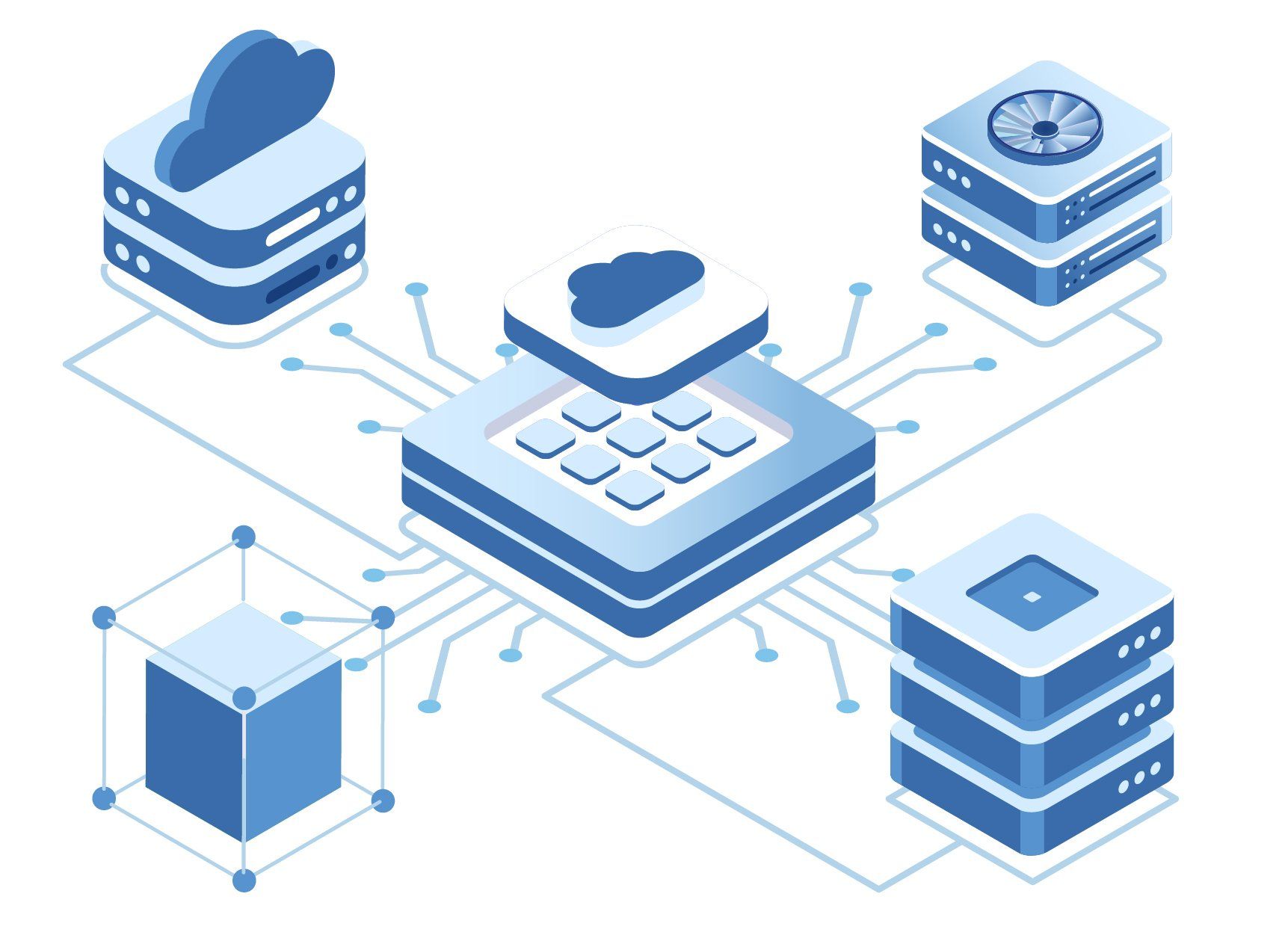 It is an isometric illustration of a cloud computing system.