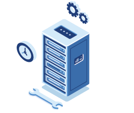 An isometric illustration of a server with a wrench , clock and gears.