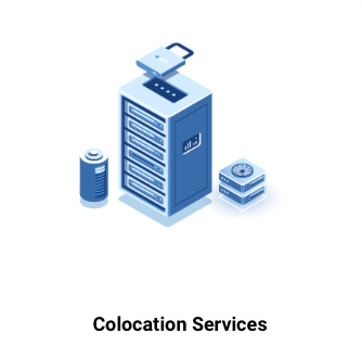 Blue illustration of server rack with padlock, battery, and data stacks, representing colocation services.