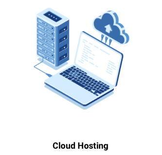 Isometric graphic: Laptop connected to a server and cloud icon, representing cloud hosting.
