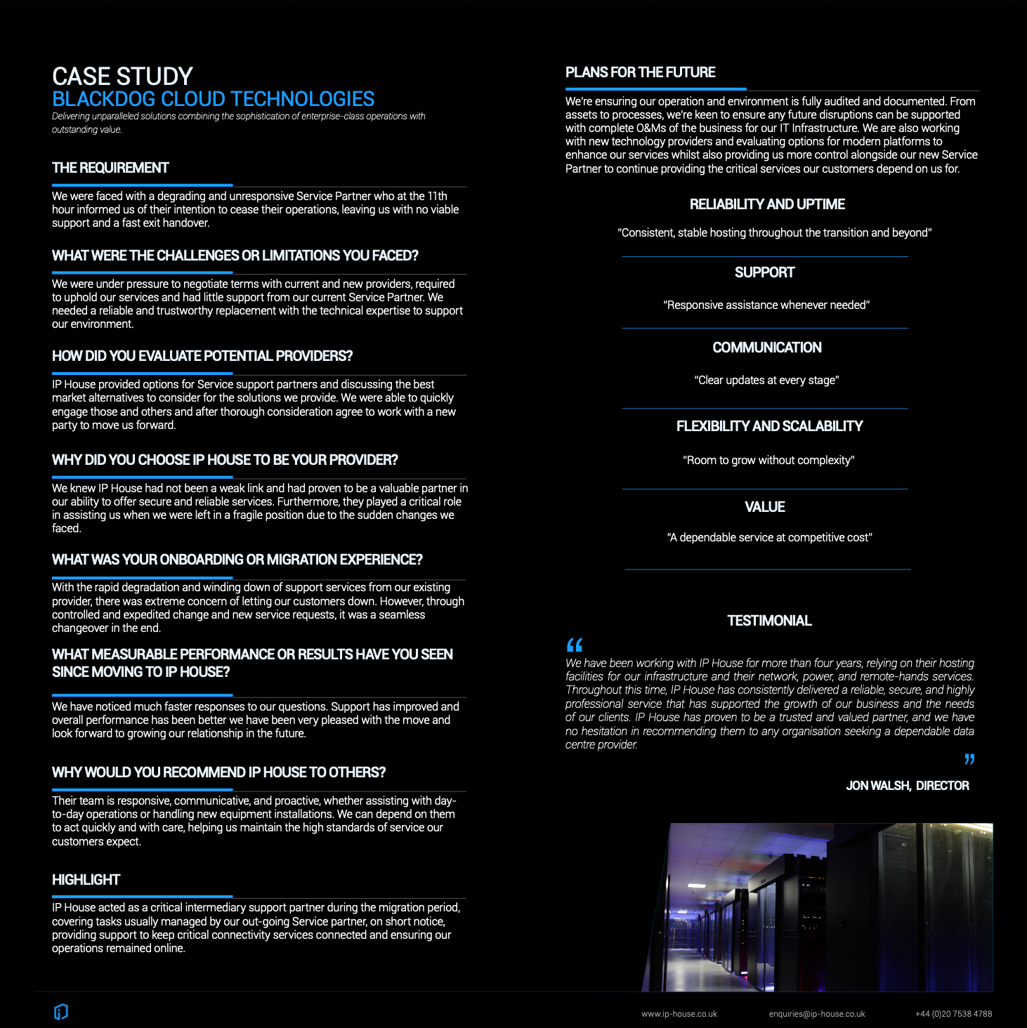 Case study document about data center. Contains text and a photo of servers.