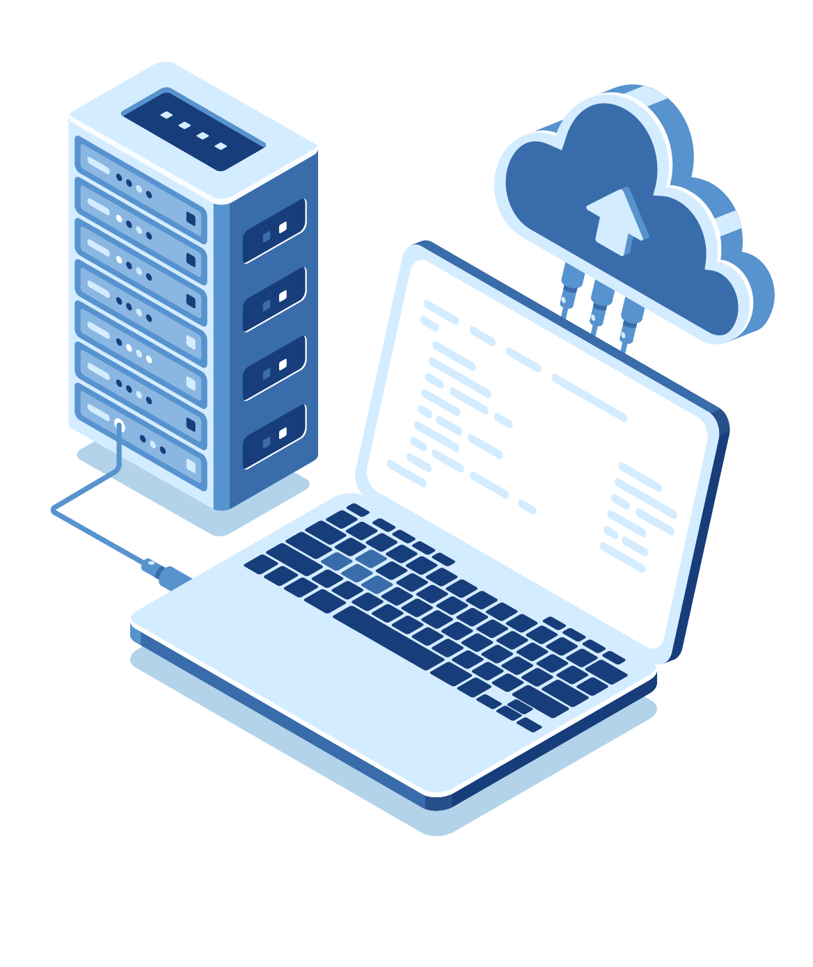 An isometric illustration of a laptop connected to a server and a cloud.