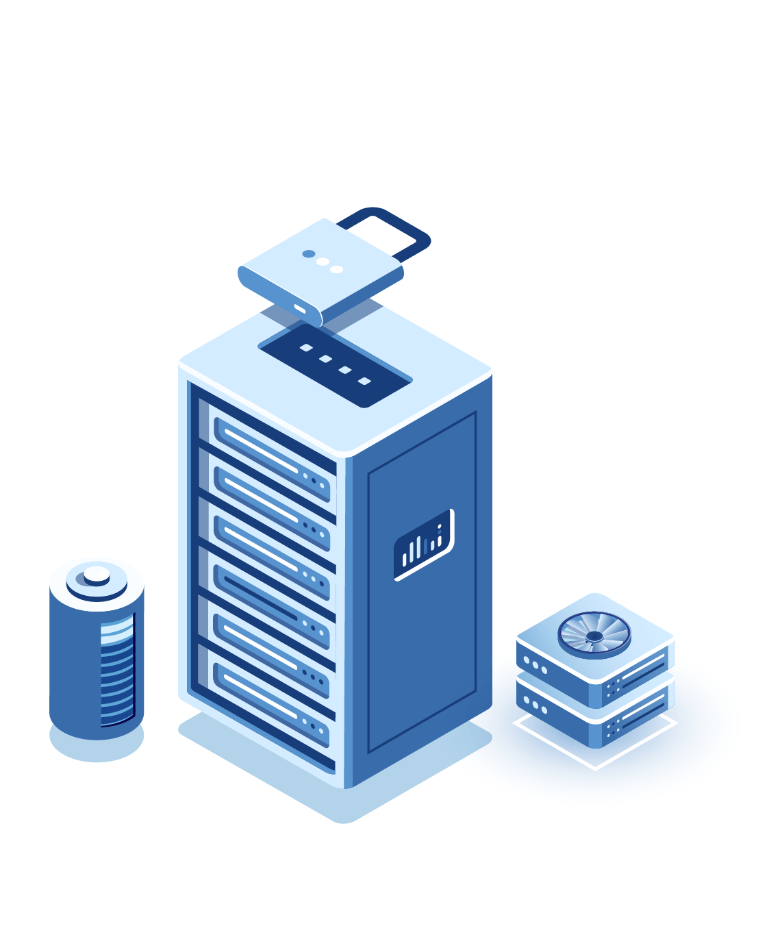 Blue server rack with a padlock, battery, and server, symbolizing data security.