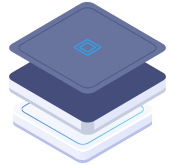 Three-layered illustration: square-shaped dark blue and light blue structures, resembling stacks. A diamond graphic is at the top.