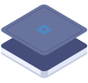 Two overlapping blue squares, with a light blue square design in the center of the top square.