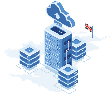 An isometric illustration of a server with a cloud and a british flag.