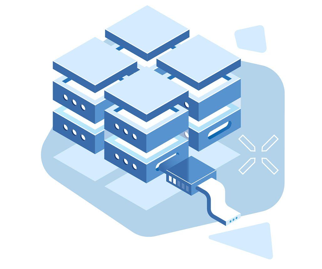 An isometric illustration of a data center with servers connected to each other.