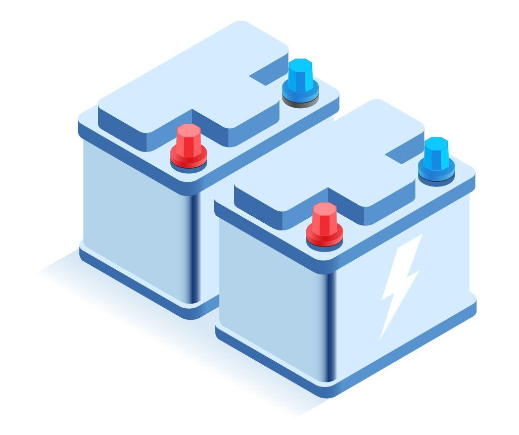 Two blue car batteries, one with a lightning bolt symbol, with red and blue terminals.