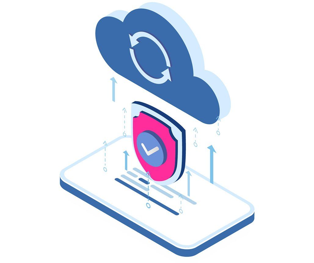 Cloud security illustration: cloud with refresh icon, shield with checkmark, and data stream above a device.