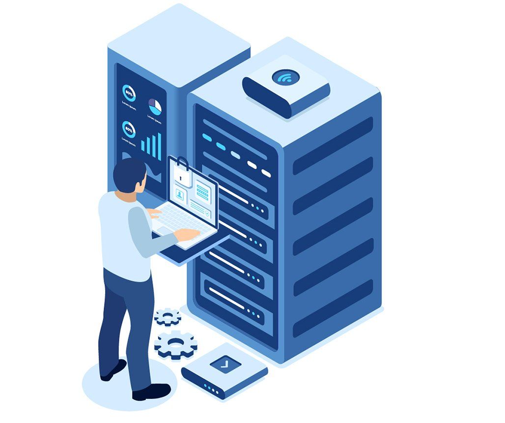 Man working on a laptop in front of server racks. Blue color scheme; graphs and data visible on screen.
