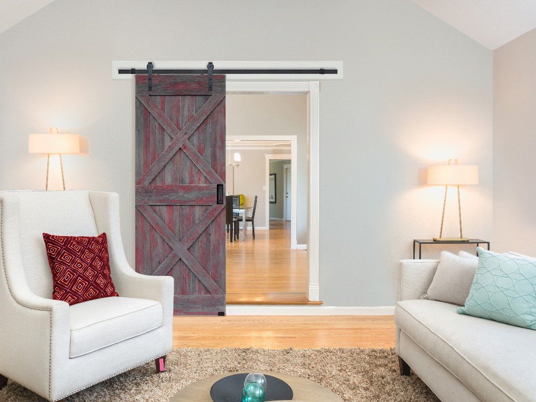 Red Wood Barn Door in Living Room