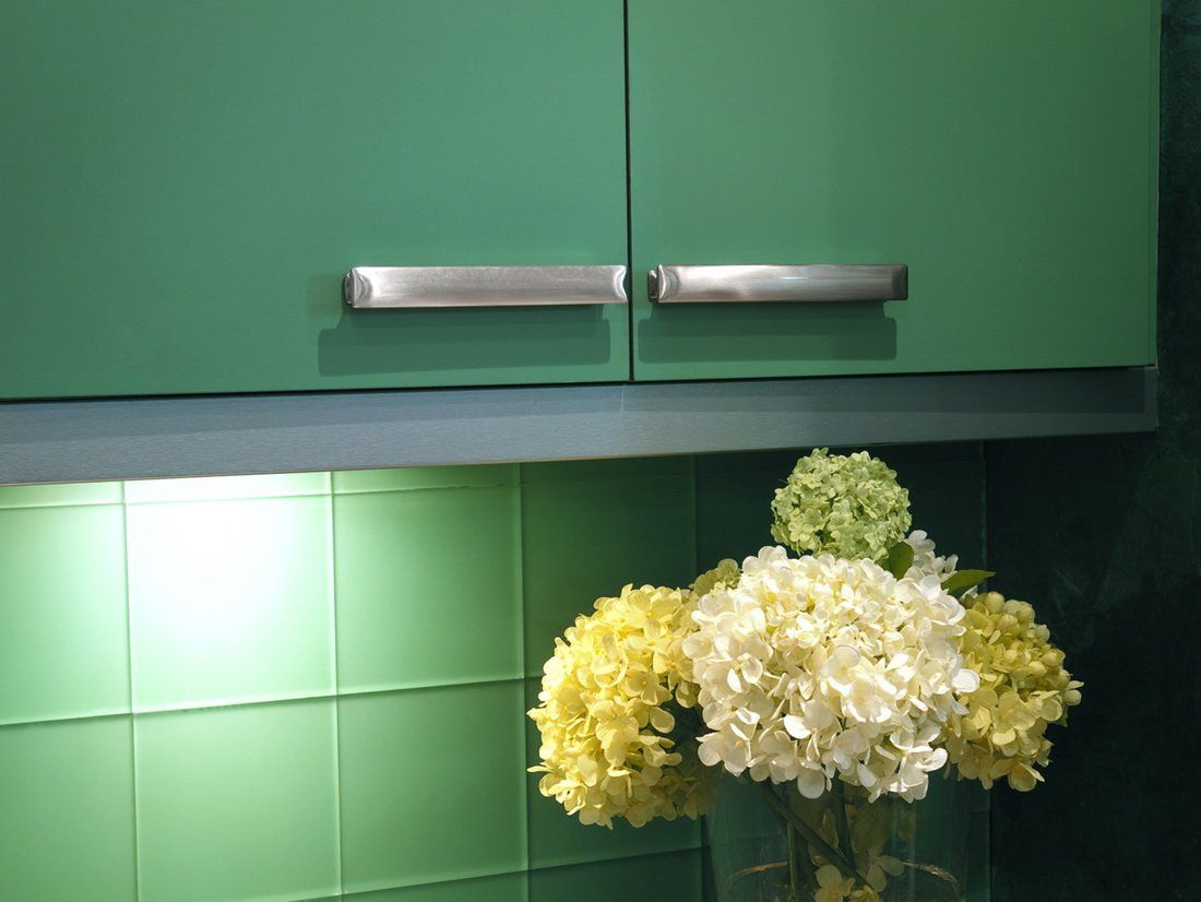 Green Cabinets with Silver Hardware