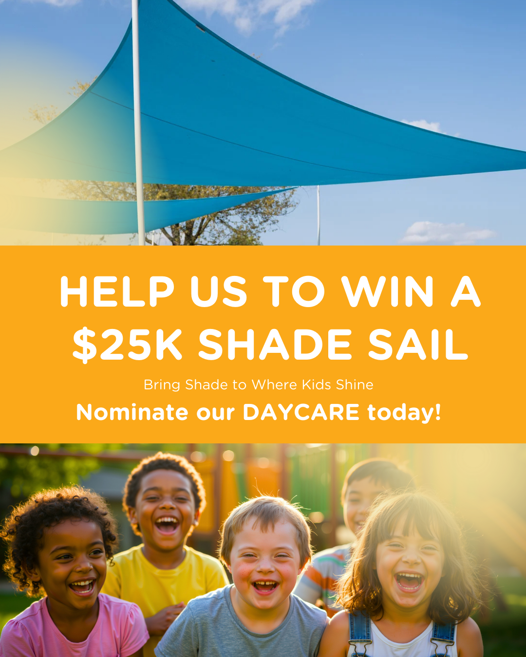 Children smiling under a shade sail; text: 