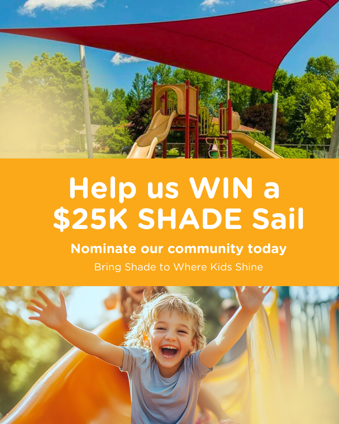 A red shade sail covers a play structure. Text: 