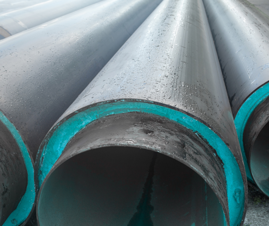 Stacked gray metal pipes with turquoise-painted ends