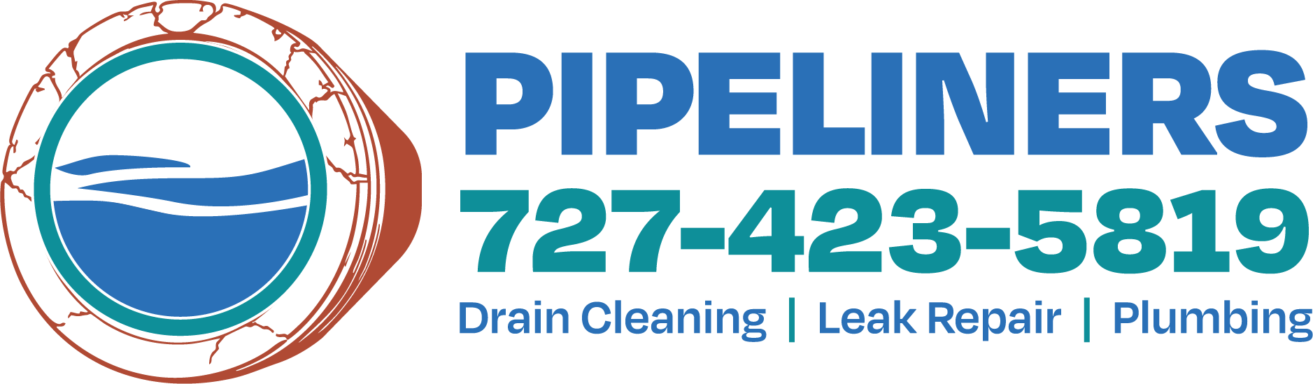 Pipeliners Plumbing logo with blue text, circular pipe icon, and phone number 727-423-5819