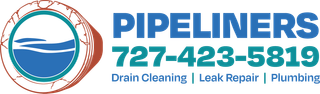 Pipeliners Plumbing logo with blue text, circular pipe icon, and phone number 727-423-5819