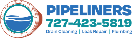 Pipeliners Plumbing logo with blue text, circular pipe icon, and phone number 727-423-5819