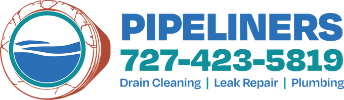 Pipeliners plumbing logo with blue text, circular wave icon, and phone number 727-423-5819