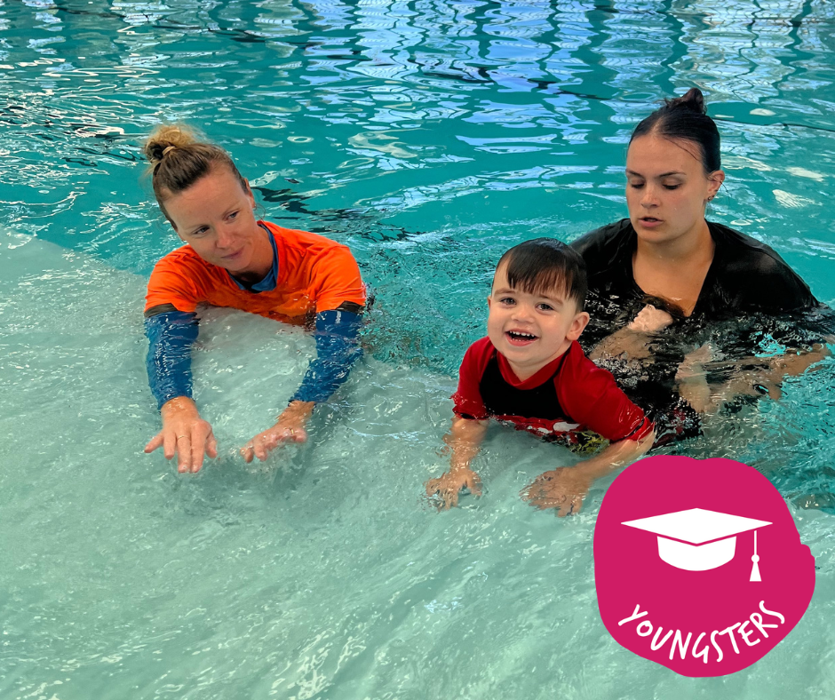 Instructor leading children in pool exercises, all wearing swim caps. Blue water, sunny setting.