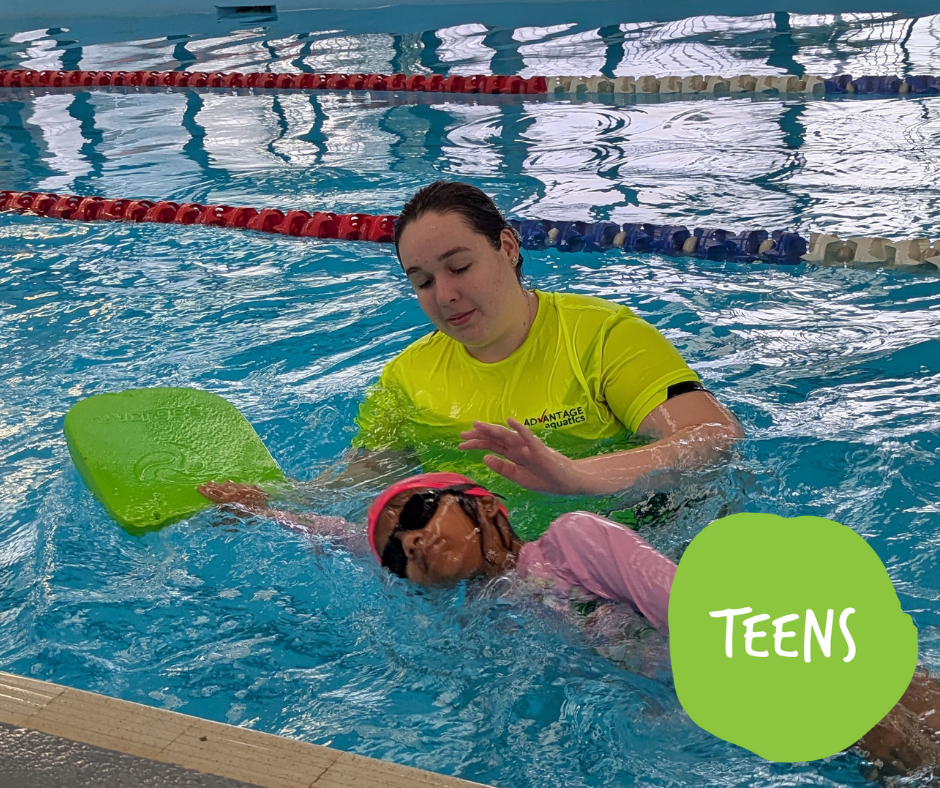 Instructor leading children in pool exercises, all wearing swim caps. Blue water, sunny setting.