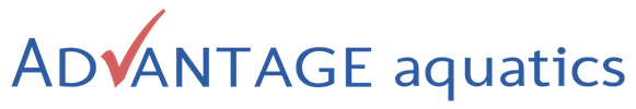 "ADVANTAGE aquatics" logo; blue text, red checkmark over "V".