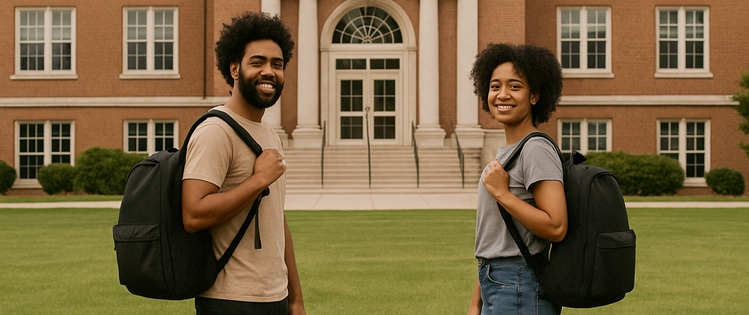 A Black man and a black woman proudly showcasing bags and backpacks purchased on mybrothaspot.com