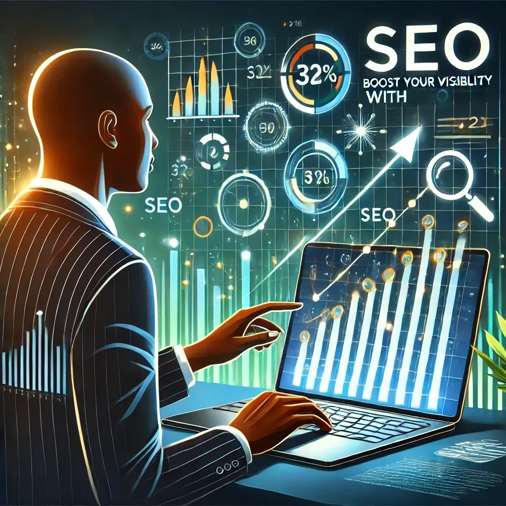 A man in a suit is using a laptop computer with seo written on the screen