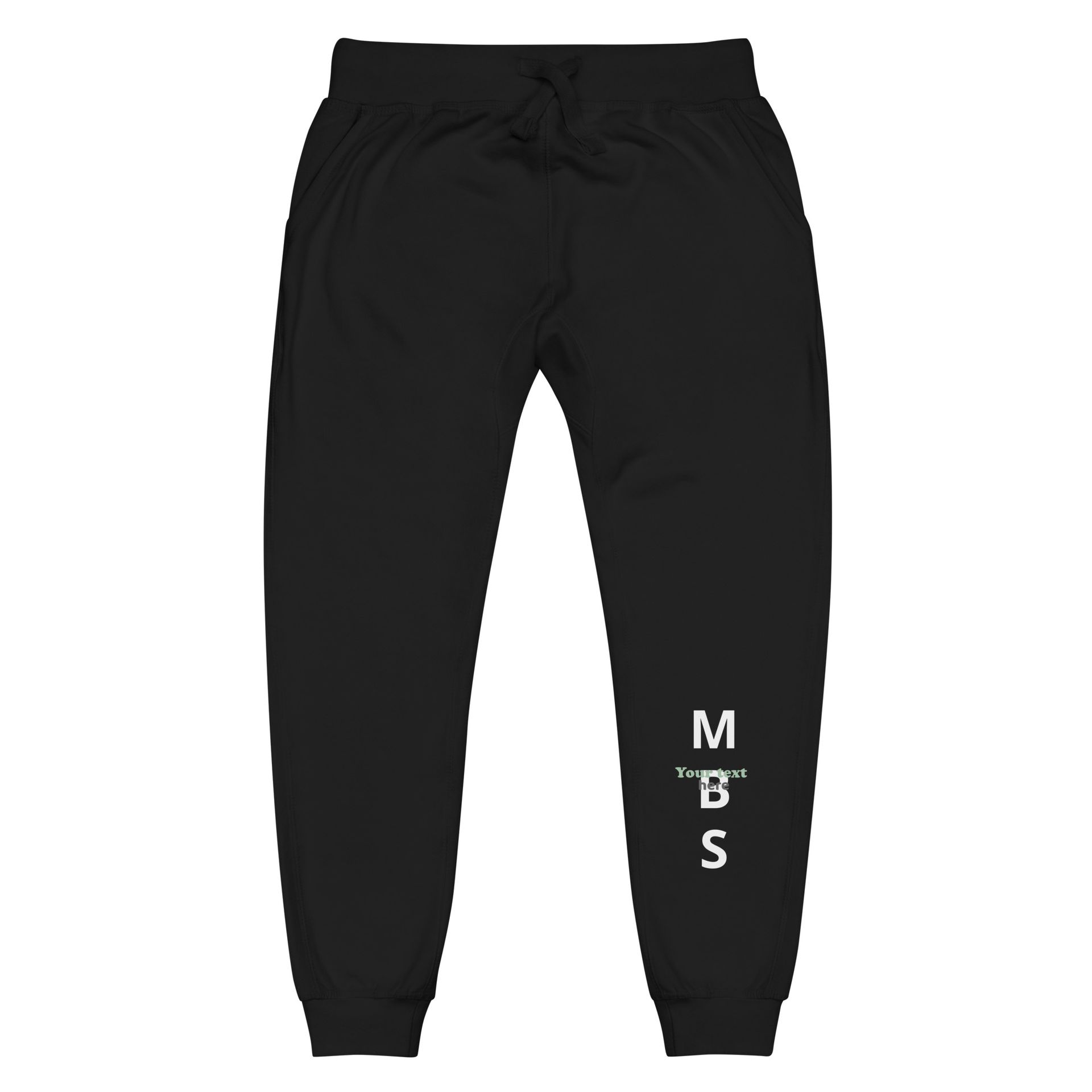 A pair of black sweatpants with the letters mbs on the side